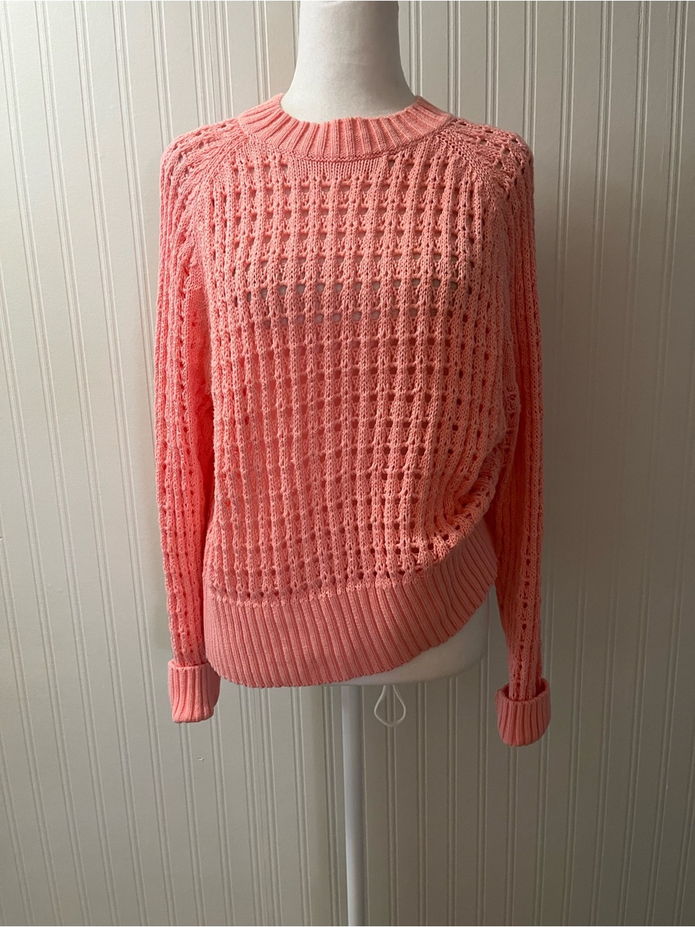J. Crew Coral Openwork Crewneck Sweater